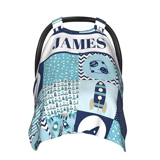 Personalized Minky Car Seat Canopy for Girl Boy, Custom Name Stroller Car Seat Covers Cover for Infant Newborn Shower Gift, Nursing Opening Carseat Cover for Breastfeeding, Rocket