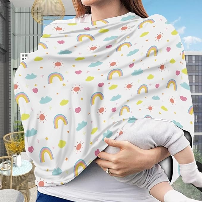 Biyejit Rainbow Print Baby Stuff Car Seat Covers Baby Multi-Use Car Seat Canopy Carrier Cover, Breathable Breastfeeding Cover Boys & Girls