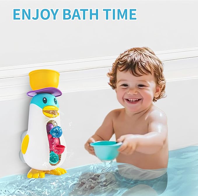 Baby Bath Toys, Toddlers Waterfall Bathtub Toys with Suction Cups, Penguin Kids Bath Toys with Rotatable Waterwheel, Birthday Gift for Boys Girls