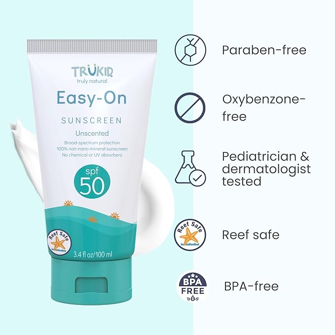 TruKid Easy On Mineral Sunscreen SPF 50 - Kids & Baby Sunscreen for Face & Body, Non-Toxic Zinc Oxide Sunblock Protection for Sensitive Skin, Unscented, FSA Eligible, Travel Size 3.4oz