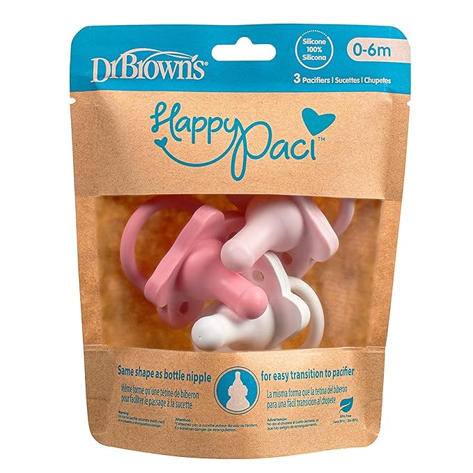 Dr. Brown's HappyPaci 100% Silicone Baby Pacifier, Contoured One-Piece Design, Gray/Green/Ecru + Light Pink/Pink/White, 0-6m, BPA-Free, 6-Pack