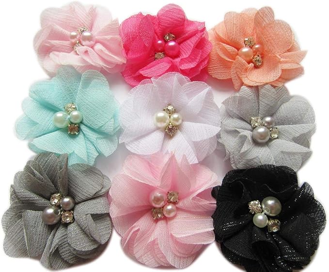 YYCRAFT 18 Pcs Glitter Chiffon Flower Rhinestone Pearl for Dress Sewing,DIY Hair Bows Craft and Party Decoration(Mix Colors,2")