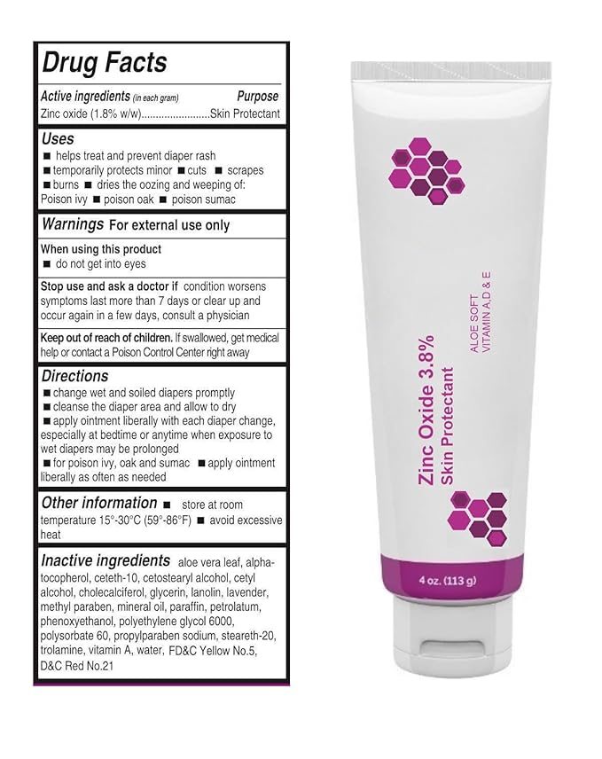 First Aid Zinc Oxide 3.8% Ointment Aloe Soft with Vitamin A, D & E Skin Protectant Barrier Cream for Diaper Cuts Burnes