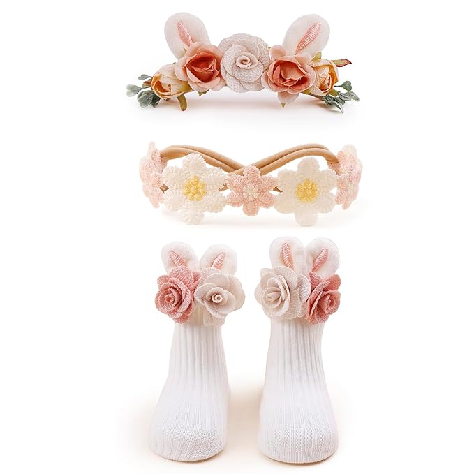 cherrboll Baby Girl Headbands and Socks Set, 3Pcs Soft Floral Hairbands Hair Bows Knit Socks for Newborn Infants Toddlers Photography Props Easter Gifts