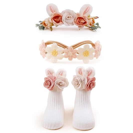 cherrboll Baby Girl Headbands and Socks Set, 3Pcs Soft Floral Hairbands Hair Bows Knit Socks for Newborn Infants Toddlers Photography Props Easter Gifts