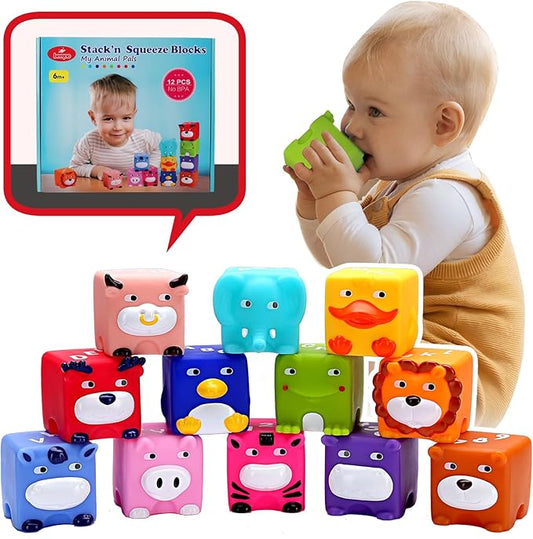 Soft Baby Blocks – Stacking & Building Toys for Babies and Toddlers –12 Pcs No Hole Squeeze Animal Blocks – Sensory Teething Toys for Infant 6 Months+