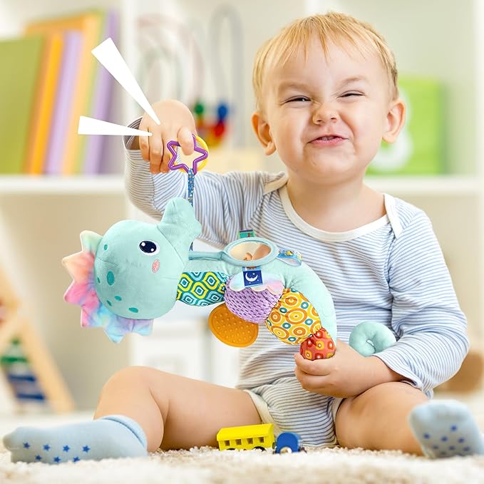 LIGHTDESIRE Baby Toys Musical Seahorse,Infant Stuffed Animal Toys with Crinkle and Rattles,Soft Sensory Toys with Textures for Tummy Time Newborn Boys Girls 0 3 6 12 Months(Blue)