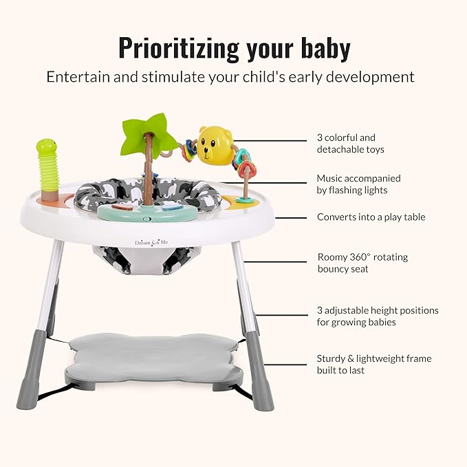 Dream On Me Curio Sit N Seek Baby Activity Center in Grey, 2 in 1 Activity Center and Play Table with 3 Detachable Toys and Music, 3 Level Height Adjustable Positions Activity Center for Baby