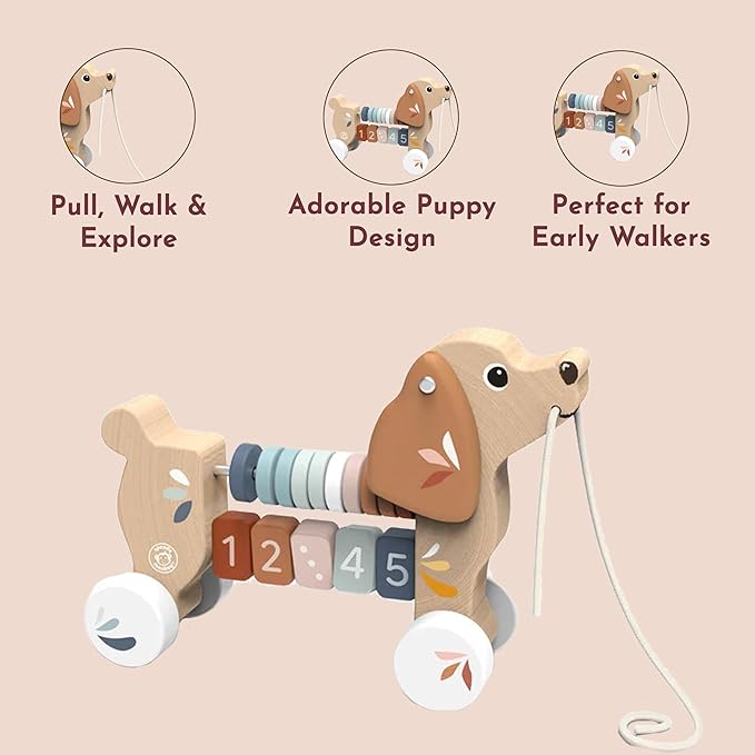 Speedy Monkey Puppy Pull Along for Toddlers 12m+ | Wooden Dog Pull Toy with Counting Numbers & Colorful Rings Abacus for Early Walkers | Gross Motor Skills & Early Learning Activity Gift for Kids