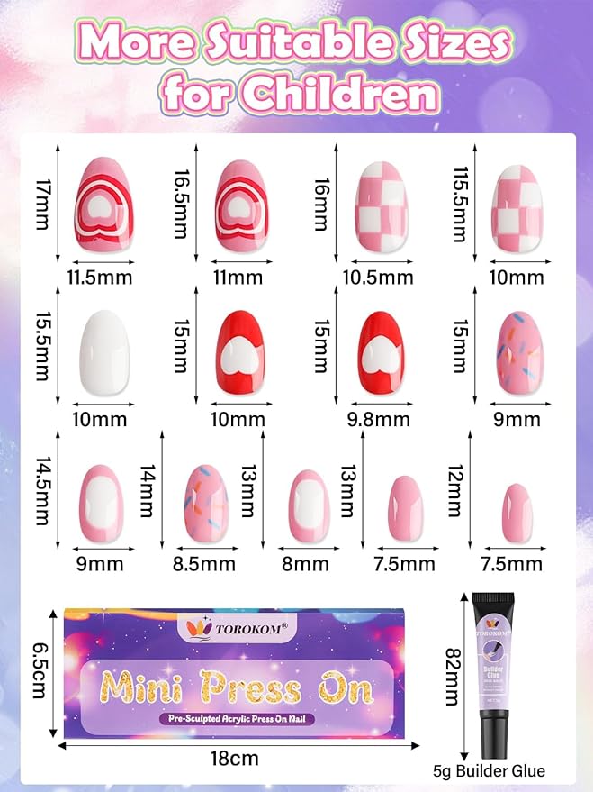 26PCS Press on Nails for Kids, TOROKOM Kid Fake Nail Set with Glue,Candy Heart Plaid Stick on Nails for Girls Gift Age 8 9 10 11 12