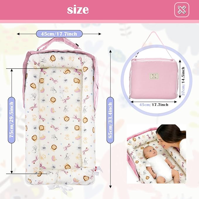 Baby Lounger for Newborns & Infants 0–24 Months, 100% Cotton Breathable Infant Support Cushion with Adjustable Size, Portable Baby Nest for Home and Travel, Baby Shower Gift (Animal World Pink)