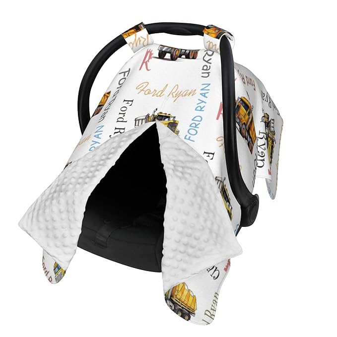 Custom Baby Car Seat Canopy Personalized Car Seat Covers with Name for Baby Boys Girls Customized Construction Truck Nursing Breastfeeding Cover Infant Carseat Canopies Newborn Baby Blanket