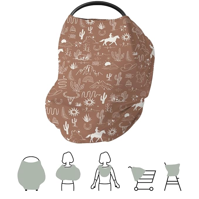 Western Cowboy Car Seat Cover for Babies Wild West Cactus Mountain Snake Cattle Skull Sun Stretchy 5-in-1 Covers Adjustable Car Canopy Breastfeeding Cover Desert Adventure Breathable Nursing Cover-Up