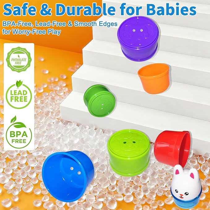WEEJOYGAM Baby Stacking Cups, Nesting Stacking Toys for Toddlers 1-3 Montessori Toys for 1 Year Old Girl Boy Easter Basket Stuffers Birthday Gift 0-6 6-12 Month Cause and Effect Color Stack Blocks Set
