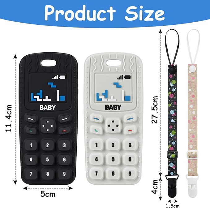 Aolso Baby Teether Toys, 2PCS Silicone Baby Teething Toys Phone Shape with 2PCS Pacifier Clip, Soft Teething Toys for Toddlers,Boys Girls Baby Chew Toys,Teethers for Babies 0-6 Months（Beige & Black）