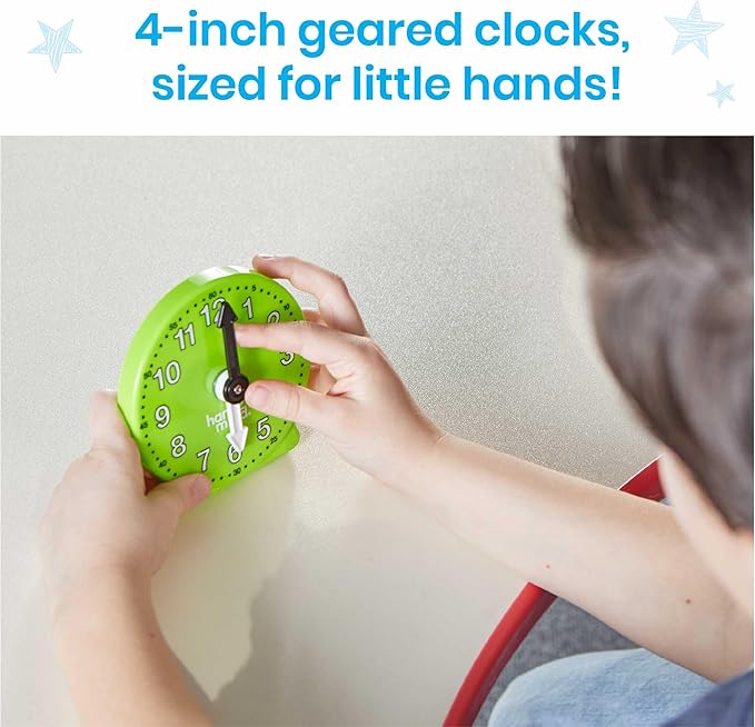 hand2mind Rainbow Geared Mini Learning Clock Set of 6, Analog Teaching Clocks for Kids, Movable Hands, Telling Time Math Manipulatives, Classroom School Homeschool Teaching Toy, Color Coded Gears