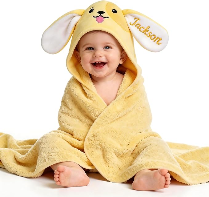 Custom Hooded Baby Towels with Name, Personalized Bunny Easter Gifts for Toddlers, Custom Baby Bath Towels for Newborn, Ultra Soft and Absorbent, Ideal for Girl Boy (Dog)