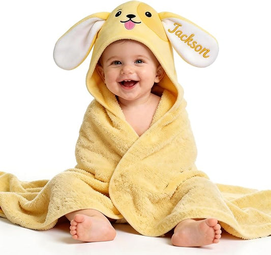 Custom Hooded Baby Towels with Name, Personalized Bunny Easter Gifts for Toddlers, Custom Baby Bath Towels for Newborn, Ultra Soft and Absorbent, Ideal for Girl Boy (Dog)