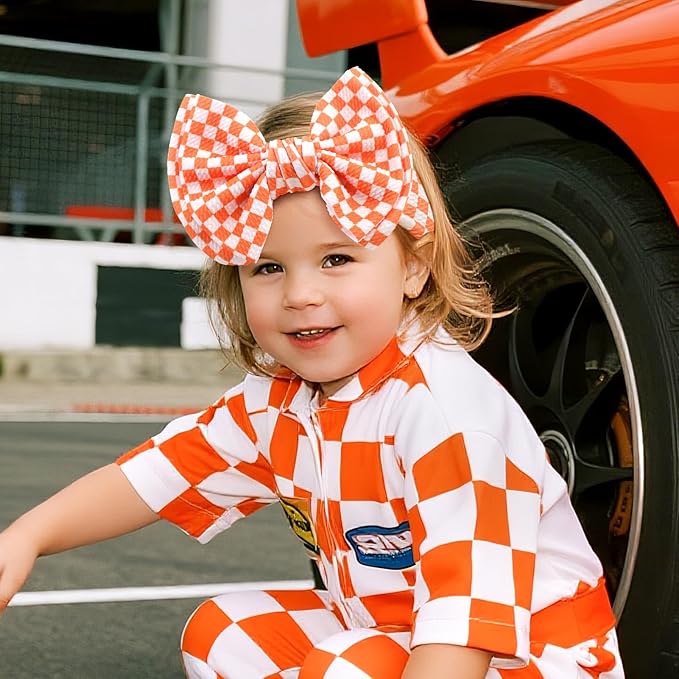 YanJie 2PCS 7’’ Orange Bows for Baby Girls Checkered Headband Double Layered Bow Infants Toddler Hair Accessories Newborn Headbands Baby Clothes