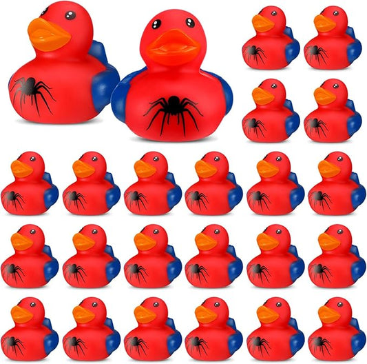 Leyndo 24 Pcs Spider Rubber Duck Bulk Spider Birthday Party Decoration Favors Squeaky Red Blue Duck for Bathtub Floating Pool Gifts Party Supplies
