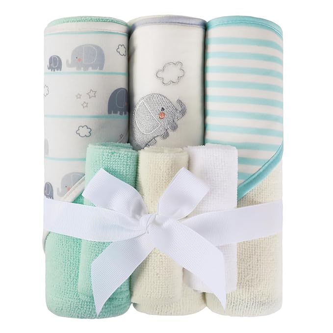 Softan Baby Hooded Towels and Washcloths Set 6 Pack, 28x28 Ultra Soft & Absorbent Baby Bath Towels for Newborn Infant Toddler, Unisex Boys Girls (Green Elephant)