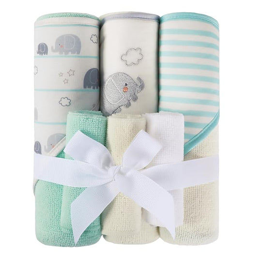 Softan Baby Hooded Towels and Washcloths Set 6 Pack, 28x28 Ultra Soft & Absorbent Baby Bath Towels for Newborn Infant Toddler, Unisex Boys Girls (Green Elephant)