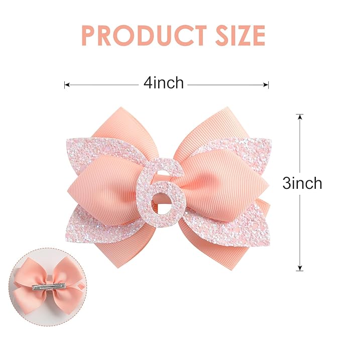 Glitter Birthday Hair Bow for Baby Girls 1 2 3 4 5 6 Years Peach Party Decoration Hair Accessories for Six 6th Birthday