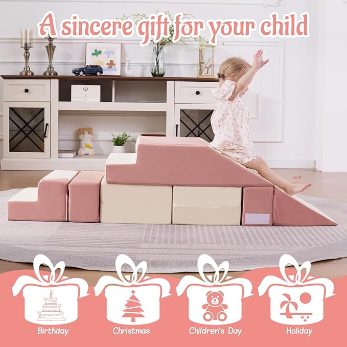 Toddler Foam Climbing Blocks|Modular Kids Soft Play Couch Sofa with 2 Ottomans Indoor,Baby Crawling & Sliding Foldable Soft Play Set with Stair,Beige & Pink