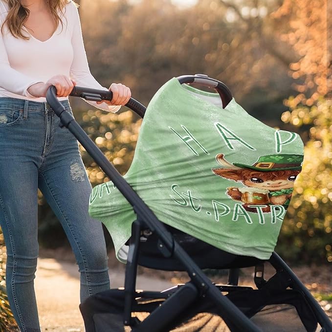 Wanyint Stretchy Baby Car Seat Cover Carseat Canopy for Babies Universal Baby Breastfeeding Stroller High Chair Shopping Cart Cover for Saint Patrick's Day Decor, Highland Cow Beer Green