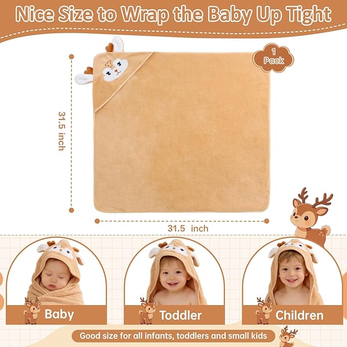 Hooded Baby Towel, Premium Soft Coral Fleece Baby Towel for Baby, Newborns, Toddlers, Infant- Ultra Absorbent, Natural Baby Stuff Towel with Hood for Boys and Girls (Brown Deer)