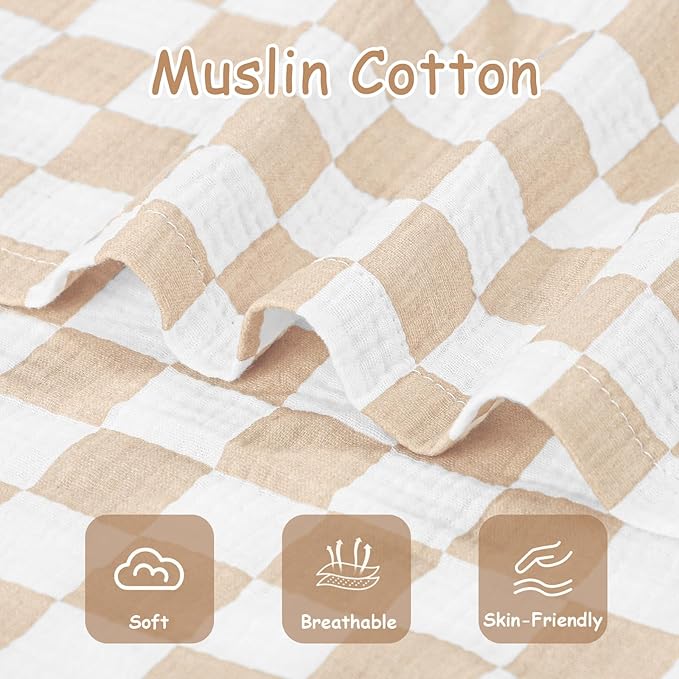 DILIMI Baby Lounger Covers, 2 Pack Muslin Newborn Lounger Cover, Soft Comfortable Removable Infant Pillow Slipcover for Girl and Boy, Beige & Brown Checkered (Lounger not Included)