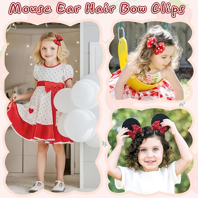 2 Pairs Red Mouse Ears Hair Clips & Mouse Hair Bows Barrettes for baby Girls Accessories Birthday Party Decorations Gift