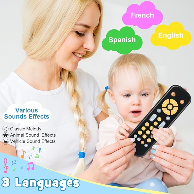 Baby TV Remote Control Toy for 6 Months+, Play Remote Musical Toys with Sound and Light, Early Development Toys with 3 Language English/French/Spanish for Toddlers 6 12 18 Month, BPA Free
