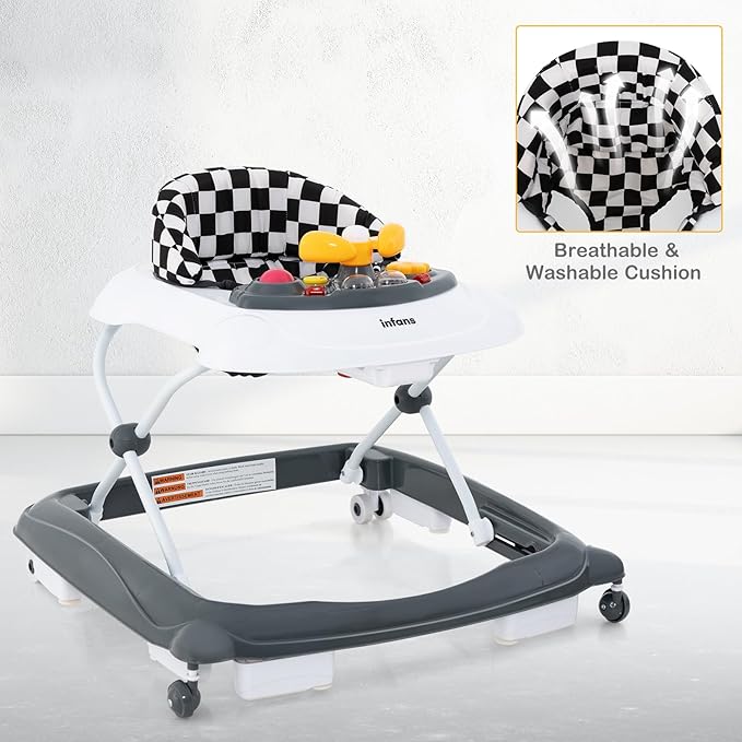 INFANS Foldable Baby Walker, 3 in 1 Toddler Walker Leaning-Seated Walk-Behind with Removable Music Tray, Adjustable Height, Washable Seat Cushion for Boys and Girls (Checkerboard)