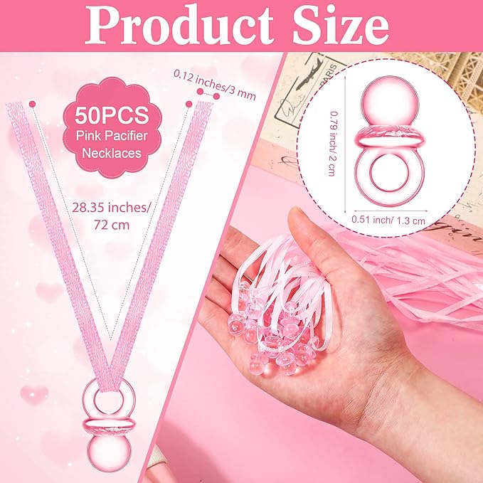Wesiti 51 Pcs Cool Baby Shower Game Wooden Sign Gift Sets 50 Baby Shower Pacifiers Necklace Acrylic Pacifier for Gender Reveal Party Favor(Bear,Pink)
