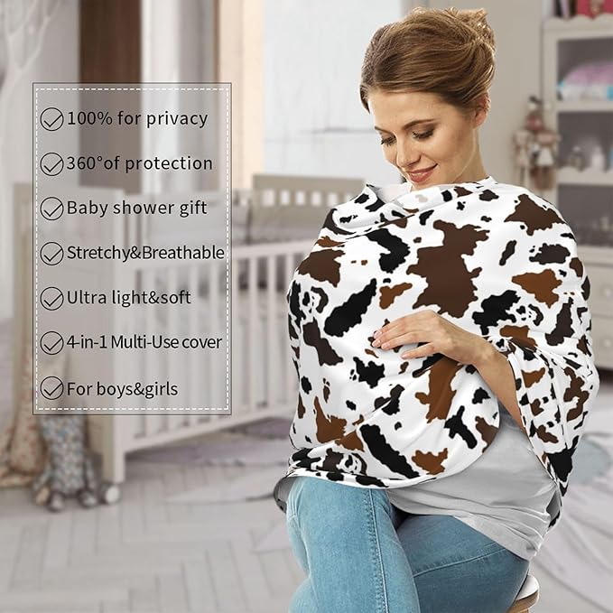 Brown Cow Print Western Baby Stuff Car Seat Covers Multi-Use Car Seat Canopy Carrier Cover, Breathable Breastfeeding Cover Boys & Girls