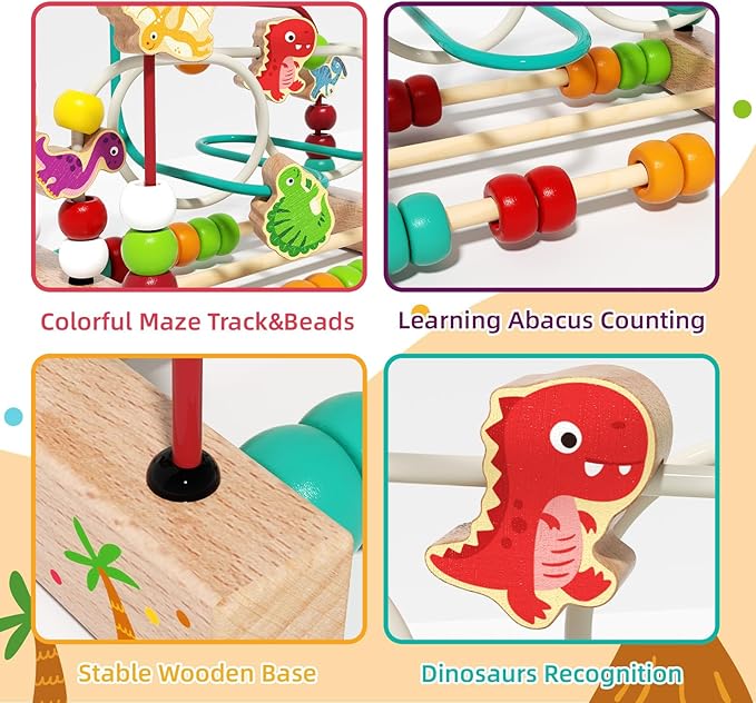 Wooden Bead Maze Roller Coaster Toys for Toddlers, Dinosaur Colorful Shape Montessori Toys for 2-3 Year Old, Educational Learning Counting Toy for Baby Kids, Gift for Girls Boys