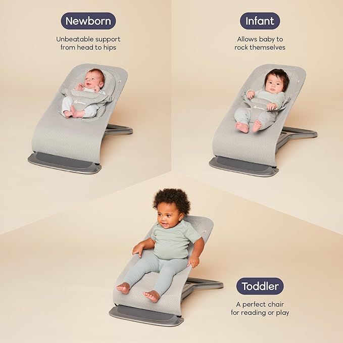 Ergobaby Evolve 3-in-1 Mesh Baby Bouncer Seat, Adjustable Multi-Position Infant Bouncer and Toddler Chair, Breathable Mesh, Converts from Newborn to Toddler - Grey