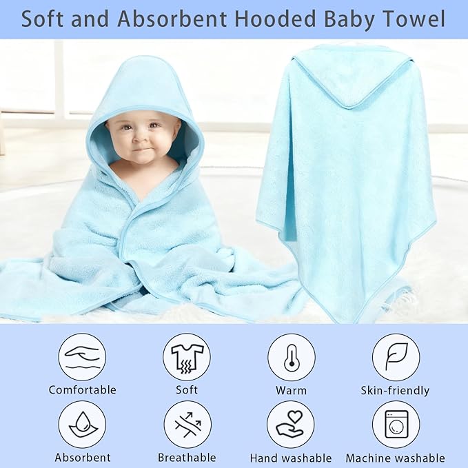 4 Pack Hooded Baby Towels, 32x32 Inch Absorbent Bath Towels, Soft Coral Fleece Hooded Towel for Newborns, Infants, and Toddlers – Baby Bath Essentials (Light Gray + Sky Blue + White + Pink)