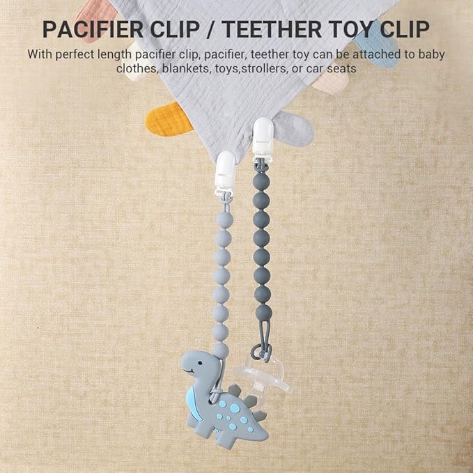 4 Pcs Gray Baby Silicone Teething Pacifier Clip,One-piece Design,Round Shape,Smooth Surface,BPA Free.