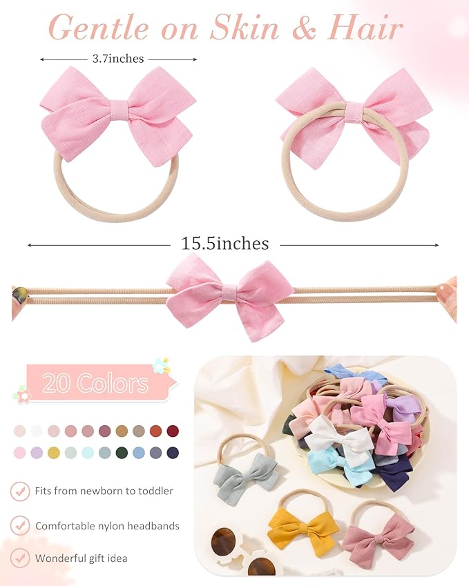 jollybows 20pcs Baby Girls Nylon Hair Bows Headbands Linen Bands Elastic Accessories for Baby Girls Infants preemie and Newborn Kids