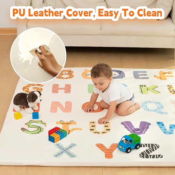 1.3" Thick Baby Play Mat for Floor，50x50 PU Leather Playpen Mat for Toddlers Infant Kids,Ultra Soft Support Cushioned & Waterproof Playmat for Baby Girls and Boys Play on Floor/Alphabet Pattern