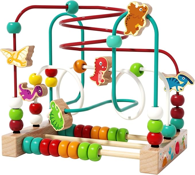 Wooden Bead Maze Roller Coaster Toys for Toddlers, Dinosaur Colorful Shape Montessori Toys for 2-3 Year Old, Educational Learning Counting Toy for Baby Kids, Gift for Girls Boys