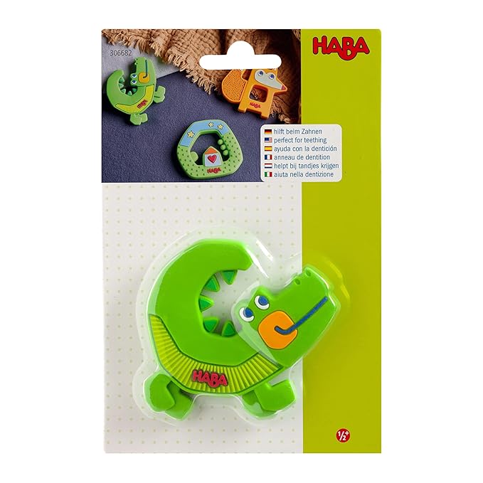 HABA Silicone Teethers for Babies 6-18 Months - Crocodile Design Silicone Teether Ring and Grasping Toy for Safe Sensory Development - Dishwasher Safe Baby Essentials