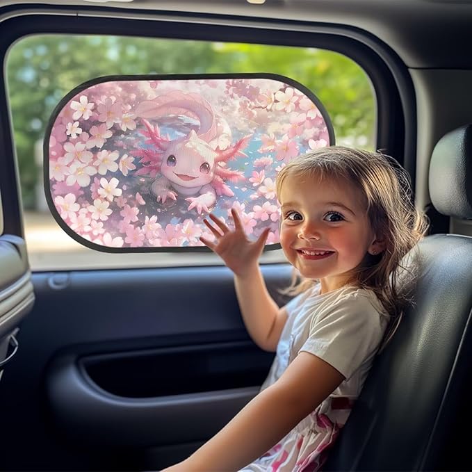 Bulopur Cute Axolotl Side Window Shades for Car 2 Pack Cherry Blossom Mesh Window Shades for car Baby Side Window Screens UV Protection Breathable Universal Fit for Most Cars, Vehicles, SUVs