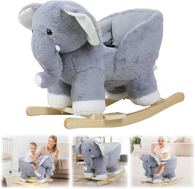 Baby Rocking Horse for Toddlers 1-3, with Music Sound, Elephant Shape, Stuffed Plush Ride-on Baby Rocker Chair with Wooden Base, Ergonomic Handle (Grey)