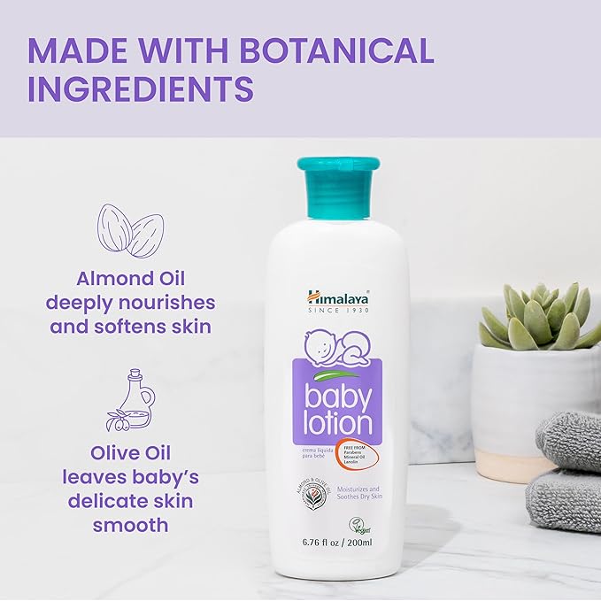 Himalaya Baby Lotion with Olive Oil and Almond Oil, Free from Parabens, Mineral Oil & Lanolin, Dermatologist Tested, 6.76 oz (200 ml)
