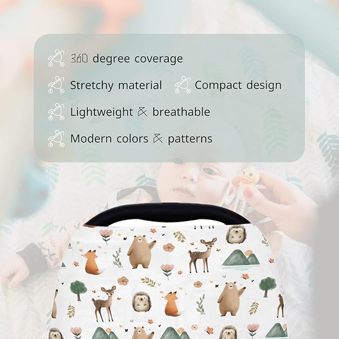 HawSkgFub Boho Animal 5-in-1 Car Seat Cover for Baby Boy Girl Gift, Bohemia Forest Bear Fox Deer Owl Privacy Breastfeeding Nursing Cover, Newborn Infant Multi-use Carseat Canopy Carrier