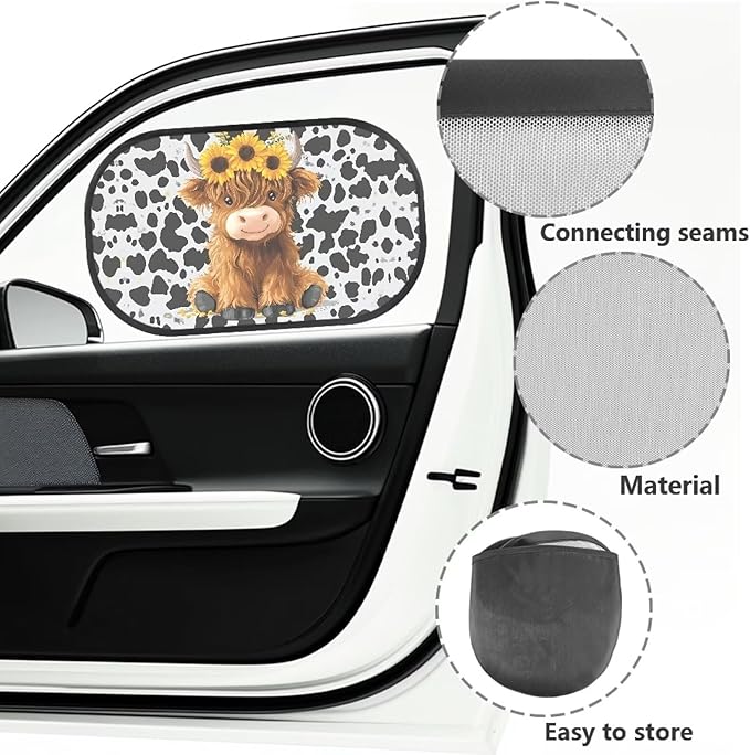 Bulopur 2 PCS Highland Cow Print Car Window Covers Sun Shade Side Window Sun Protection and Sun Shade Blocker Car Interior Automotive Mesh Windshield Shades for Baby