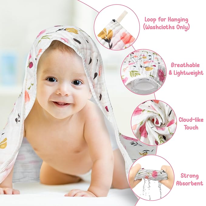 Zainpe 4Pcs Muslin Baby Hooded Towel & Washcloth Set Spring Pink Flowers Pattern Soft Absorbent Cotton Bath Hood Towels for Newborn Toddlers Essentials Boys Girls Infant Shower Gift 31.5 x 31.5 in
